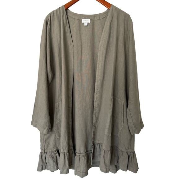 J. Jill 100% Linen Long Line Open Front Ruffle‎ Cardigan Size L - Picture 1 of 5